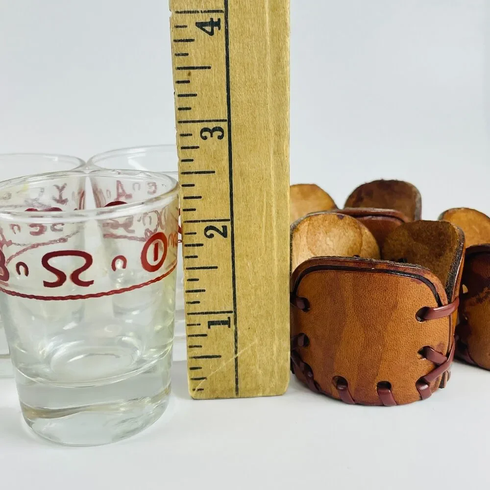 3 Vintage Libbey Bamco Western Shot Glasses MCM Tooled Leather Wraps Barware